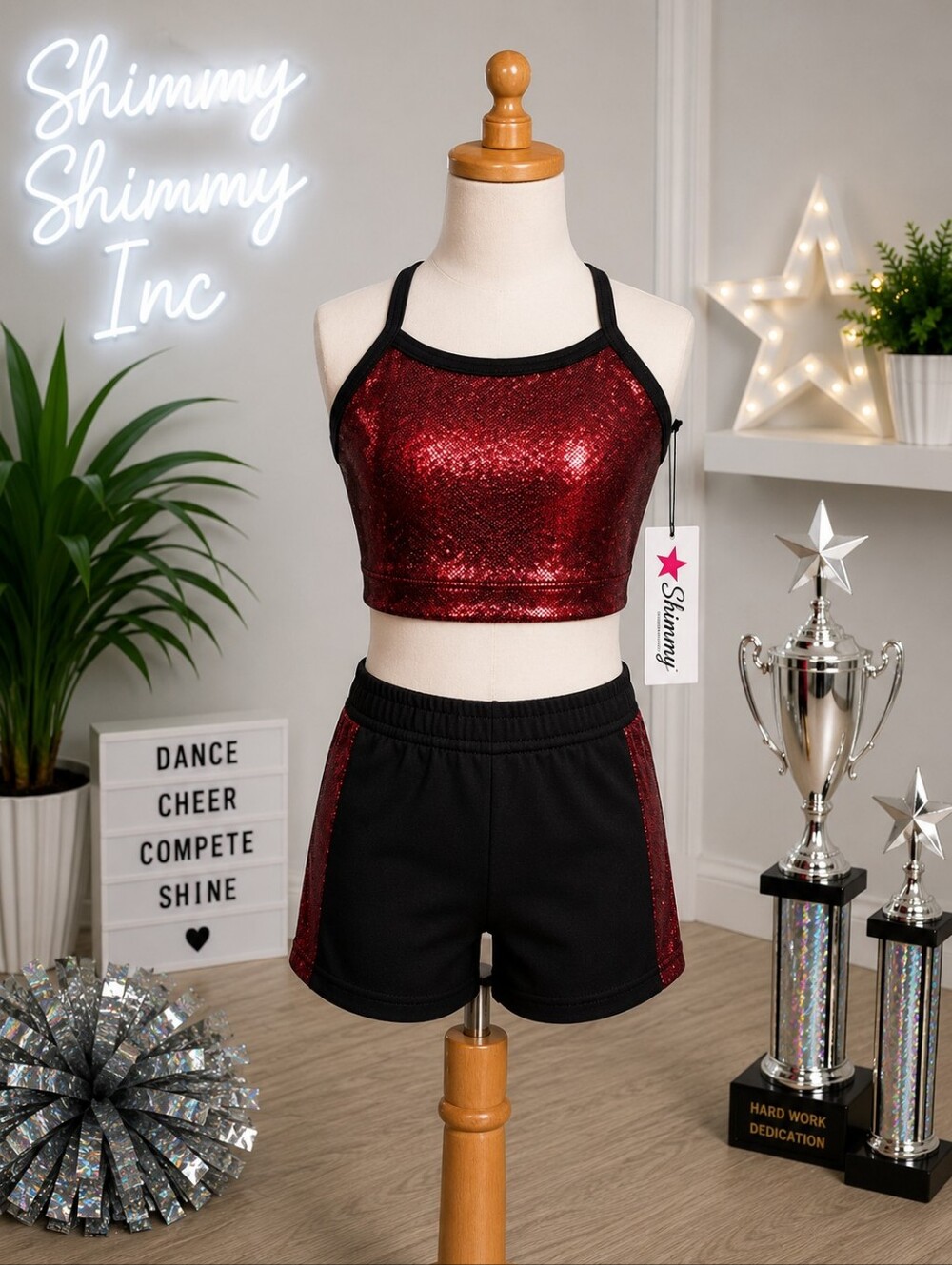 Shimmy Shimmy Inc Red Hologram Dance crop top and short Set NWT Cheer Gym